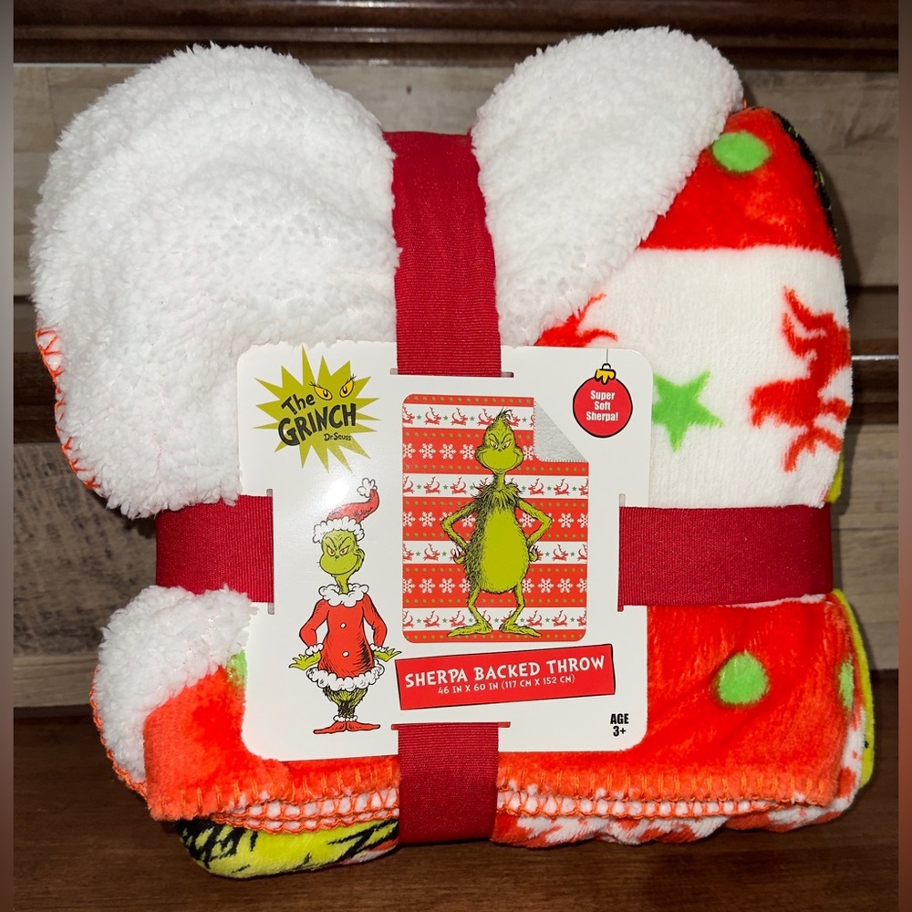 🥰 Plush Dr. Seuss The Grinch Throw Blanket Sherpa Backed 46 x 60”  Super Soft